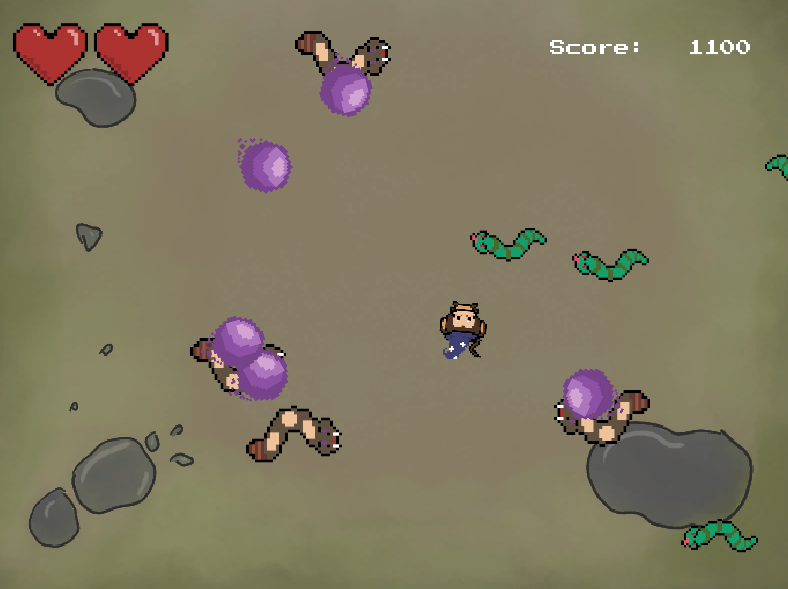 A screenshot from the schmup I created, showing snake enemies moving across the screen